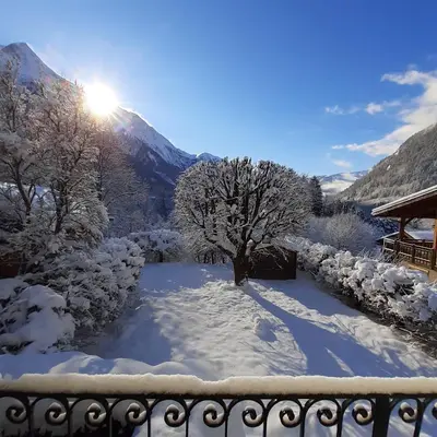 a snow covered yard with a tree and a mountain at Appartement Chamonix Bossons in Chamonix-Mont-Blanc