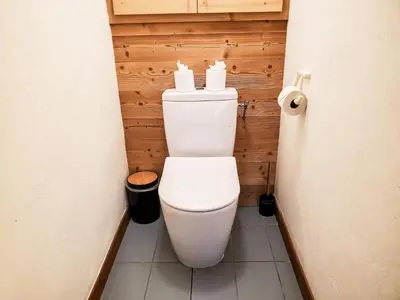 a bathroom with a white toilet in a room at Le Savoy - Terrasse avec vue sur le Mont-Blanc in Chamonix-Mont-Blanc