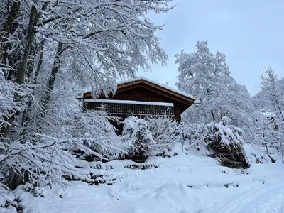 a cabin covered in snow with trees in the background at Datcha of Sky -Jardin - Calme - 180 vues - 9 chambres & Studio Appt in Les Houches