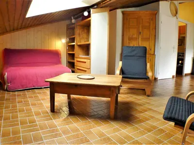 a living room with a bed and a coffee table at 2 pièces confortable & lumineux au centre de Samoëns - Animaux admis et parking inclus - FR-1-629-126 in Samoëns