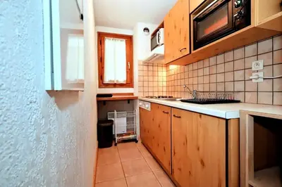 a kitchen with wooden cabinets and a sink and a microwave at Résidence Les Sapins - Les Sapins 2 MAE-0514 in Les Houches
