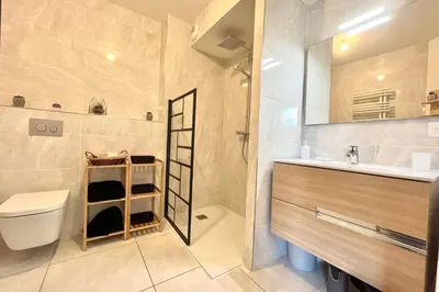 a bathroom with a sink and a toilet and a mirror at Refuge des Prés in Saint-Gervais-les-Bains