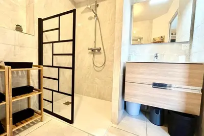 a bathroom with a shower and a sink at Refuge des Prés in Saint-Gervais-les-Bains