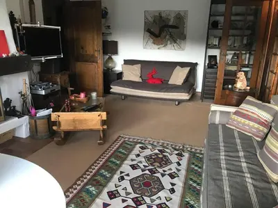 a living room with a couch and a rug at Charming Apartment ideal for families in Megève