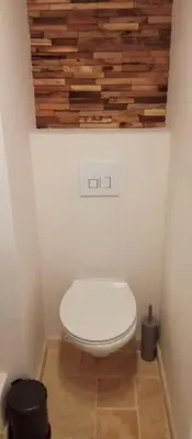 a bathroom with a white toilet in a room at Studio élégant à Chamonix in Chamonix-Mont-Blanc