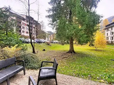 a park with two benches and a tree at P'tiot Chamois Appartement Chamonix, Parking in Chamonix-Mont-Blanc