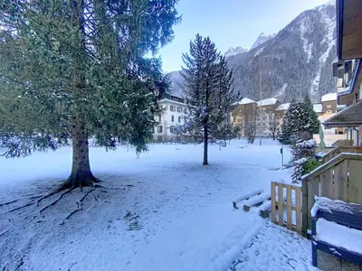 a snow covered yard with trees and a building at P'tiot Chamois Appartement Chamonix, Parking in Chamonix-Mont-Blanc