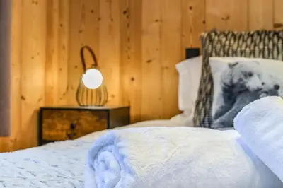 a bedroom with a bed and a lamp and wooden walls at Chalet Chardonnet in Chamonix-Mont-Blanc