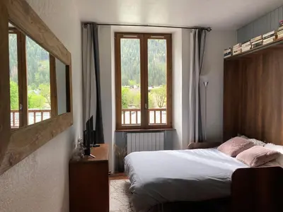 a bedroom with a bed and two windows at Abeille de Chamonix in Chamonix-Mont-Blanc