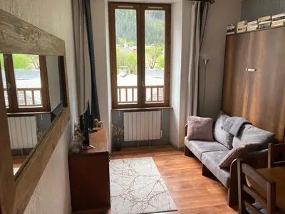 a living room with a couch and two windows at Abeille de Chamonix in Chamonix-Mont-Blanc