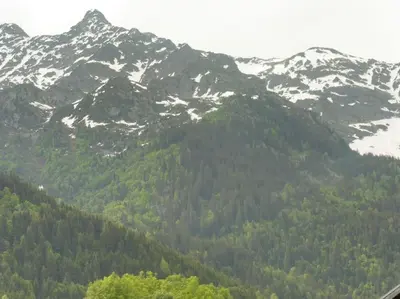 a snow covered mountain with trees in front of it at demi chalet Les Contamines Le Virolet in Les Contamines-Montjoie
