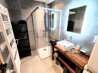 a bathroom with a sink and a shower at Chez Lucienne, jacuzzi et sauna in Samoëns
