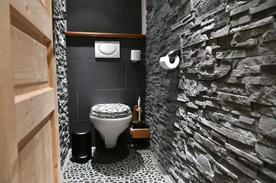 a bathroom with a white toilet and a brick wall at Les Posettes, chalet vallée de Chamonix - Mont Blanc by ImmoConciergerie in Vallorcine