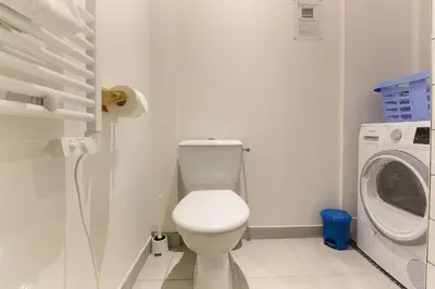 a bathroom with a toilet and a washing machine at Le Quatre - 75m2 Charmant Duplex - Central - 8-10 pax 3ch in Saint-Gervais-les-Bains