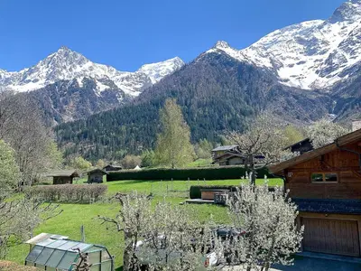 a house in a field with mountains in the background at Appartement Yoga - Vues Chaîne du Mont-Blanc - Calme - Espace Yoga Spacieux in Les Houches