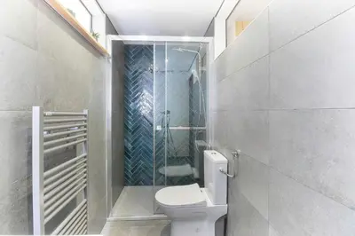 a bathroom with a toilet and a walk in shower at Bellevarde Apt - Newly Renovated - Central - Beside TMB start/end in Les Houches