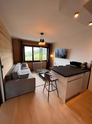a living room with a couch and a table at Vue Mont blanc, ski et village in Combloux