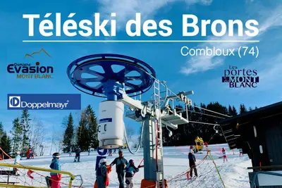 a poster for a ski resort with people on a ski lift at Vue Mont blanc, ski et village in Combloux