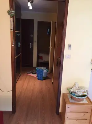 a hallway of a room with a room with a wooden floor at Chamonix centre - 2 pièces 32 m2 in Chamonix-Mont-Blanc