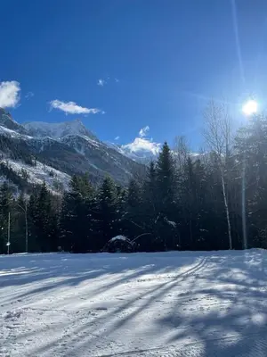 a snow covered field with trees and mountains at Le grand panorama appartement 2 chambres 4 adultes 2 enfants in Saint-Gervais-les-Bains