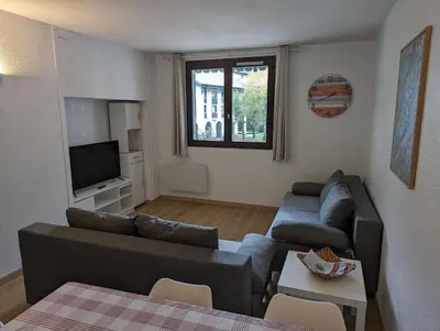 a living room with a couch and a tv at Central spacious flat with private parking in Chamonix-Mont-Blanc