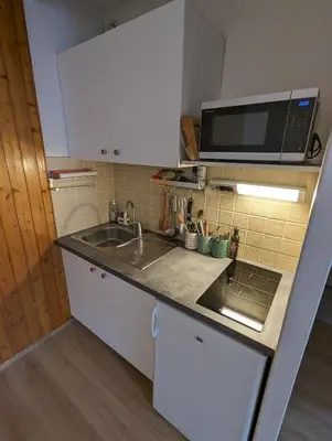 a small kitchen with a sink and a microwave at Central spacious flat with private parking in Chamonix-Mont-Blanc
