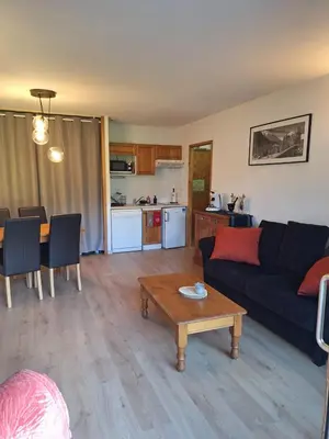 a living room with a couch and a table at Très bel Appartement Lumineux à Samoëns in Samoëns