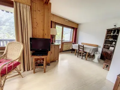 a living room with a television and a table with chairs at Caribou Lodge in Chamonix-Mont-Blanc