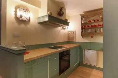 a kitchen with green cabinets and a counter top at Clos des vorgeats 3 - Téléphérique, Terrain de Folf, Randonnée et Bus à la porte in Chamonix-Mont-Blanc