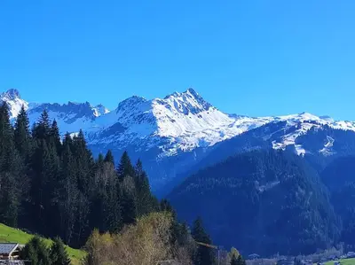 a snow covered mountain in the distance with a house at Chalet Cannon- Mountain Getaway in Les Contamines-Montjoie