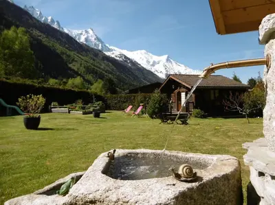 a bird bath in a yard with mountains in the background at Mazot le Petit Drus in Chamonix-Mont-Blanc