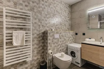 a bathroom with a toilet sink and a washing machine at White Pearl A05 Modern apartment Chamonix Alpes Travel Sleeps 4 to 6 in Chamonix-Mont-Blanc