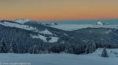 a view of a snow covered mountain range with trees at Samoëns 1600 studio au pied des pistes in Samoëns