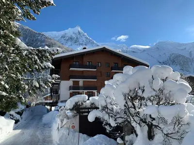 a building covered in snow with a snow covered tree at Appartement avec balcon, parking et animaux acceptés à Chamonix - FR-1-343-245 in Chamonix-Mont-Blanc