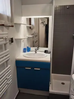 a bathroom with a blue sink and a mirror at Appartement en rez de jardin vue montagne in Les Contamines-Montjoie