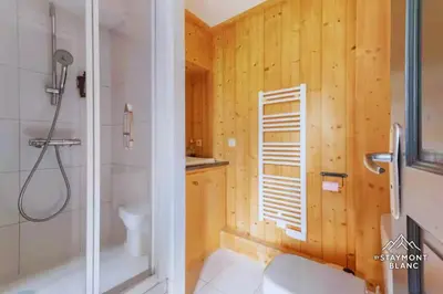 a bathroom with a shower and a toilet at Appartements 2 pièces vue Mont-Joly à 2 pas Tramway Mont-Blanc in Saint-Gervais-les-Bains