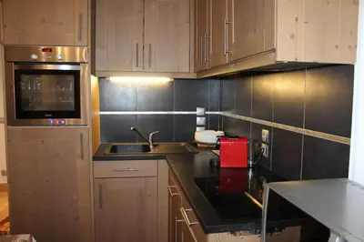 a kitchen with wooden cabinets and a sink at Chardons Argentés in Samoëns