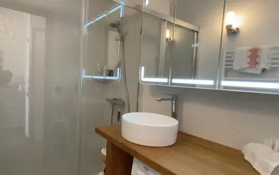 a bathroom with a sink and a glass shower at Studio lumineux avec vue sur le Mont Blanc in Cordon