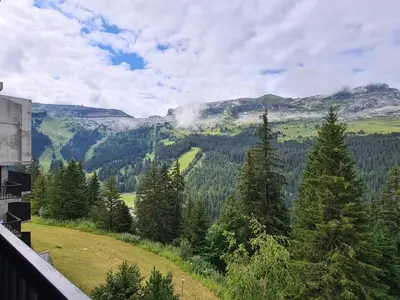 a view of a valley with trees and mountains at Studio rénové avec cabine à Flaine, balcon ensoleillé - FR-1-425-201 in Arâches-la-Frasse