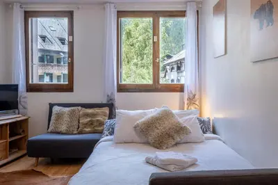 a living room with a couch and two windows at Gentianes - City center studio next to Aiguille du Midi lift - By Cozee Rentals in Chamonix-Mont-Blanc