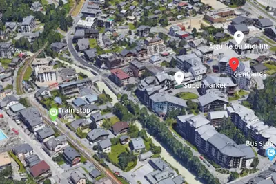 a map of a city with buildings and a street at Gentianes - City center studio next to Aiguille du Midi lift - By Cozee Rentals in Chamonix-Mont-Blanc