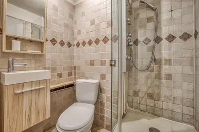 a bathroom with a shower and a toilet and a sink at Aiguille du Grépon - Bright Apartment in the Heart of Chamonix in Chamonix-Mont-Blanc