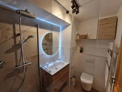 a bathroom with a sink and a shower with a mirror at Bel appartement avec piscine - Le Grand Tétras in Samoëns