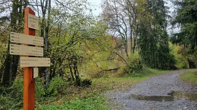 a sign on the side of a dirt road at Bel appartement avec piscine - Le Grand Tétras in Samoëns