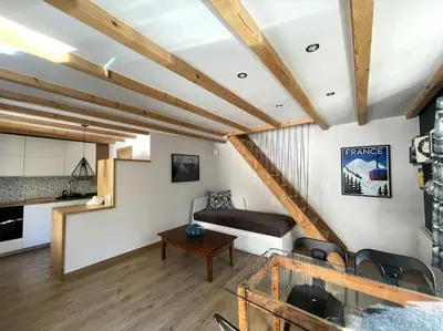 a living room with a bed and a table at Cosy appartement centre chamonix in Chamonix-Mont-Blanc