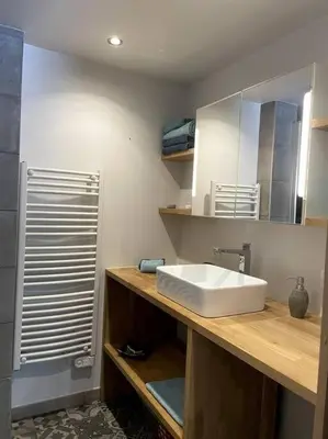 a bathroom with a sink and a mirror at Cosy appartement centre chamonix in Chamonix-Mont-Blanc