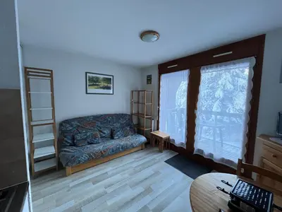 a living room with a couch and a window at Aux Pieds des pistes en plein soleil in Les Contamines-Montjoie