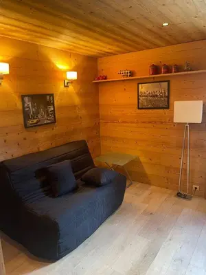 a living room with a couch in a wooden room at LOUE STUDIO MEGEVE in Megève