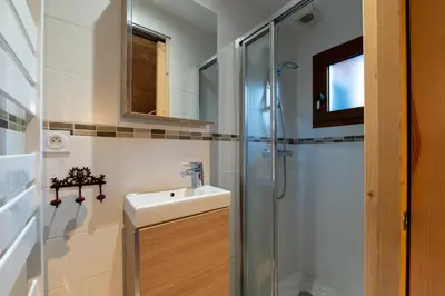 a bathroom with a sink and a shower at Chalet du Brey - Avec terrasse et jardin in Saint-Gervais-les-Bains