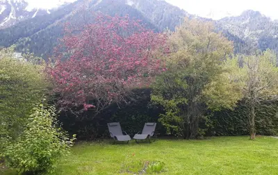 two chairs sitting in the grass near a tree with red flowers at TellaHouse in Chamonix-Mont-Blanc
